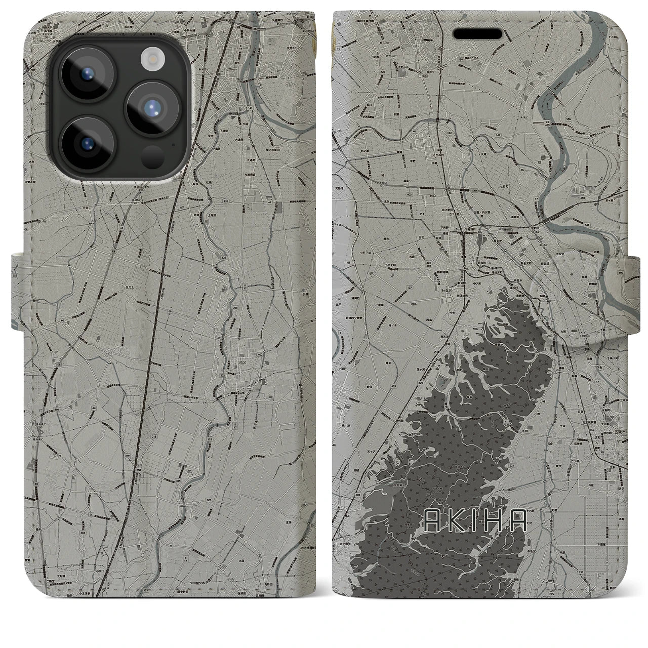 【秋葉(新潟県)】地図柄iPhoneケース(手帳タイプ)モノトーン・iPhone 15 Pro Max 用