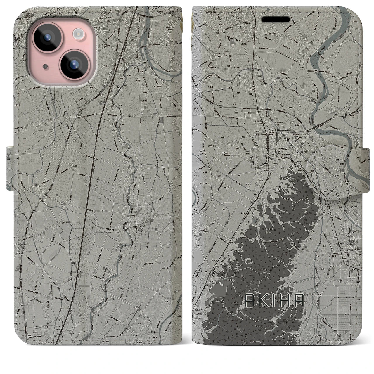 【秋葉(新潟県)】地図柄iPhoneケース(手帳タイプ)モノトーン・iPhone 15 Plus 用