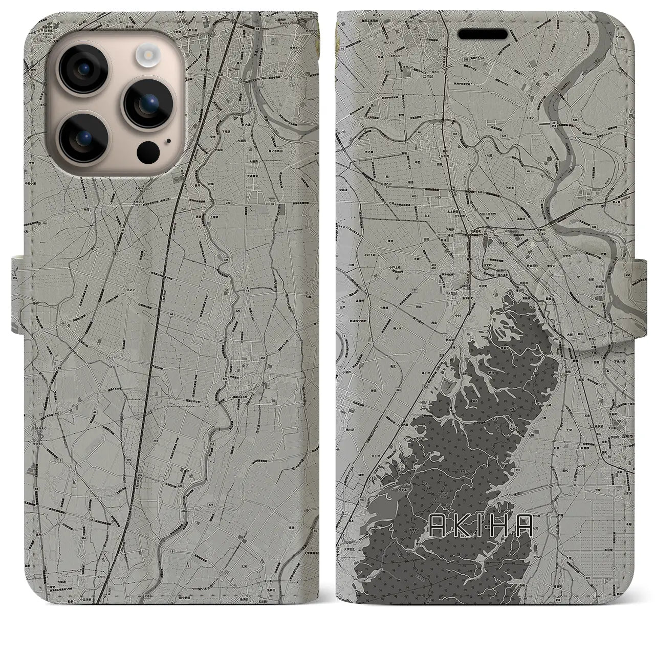 【秋葉(新潟県)】地図柄iPhoneケース(手帳タイプ)モノトーン・iPhone 16 Plus 用