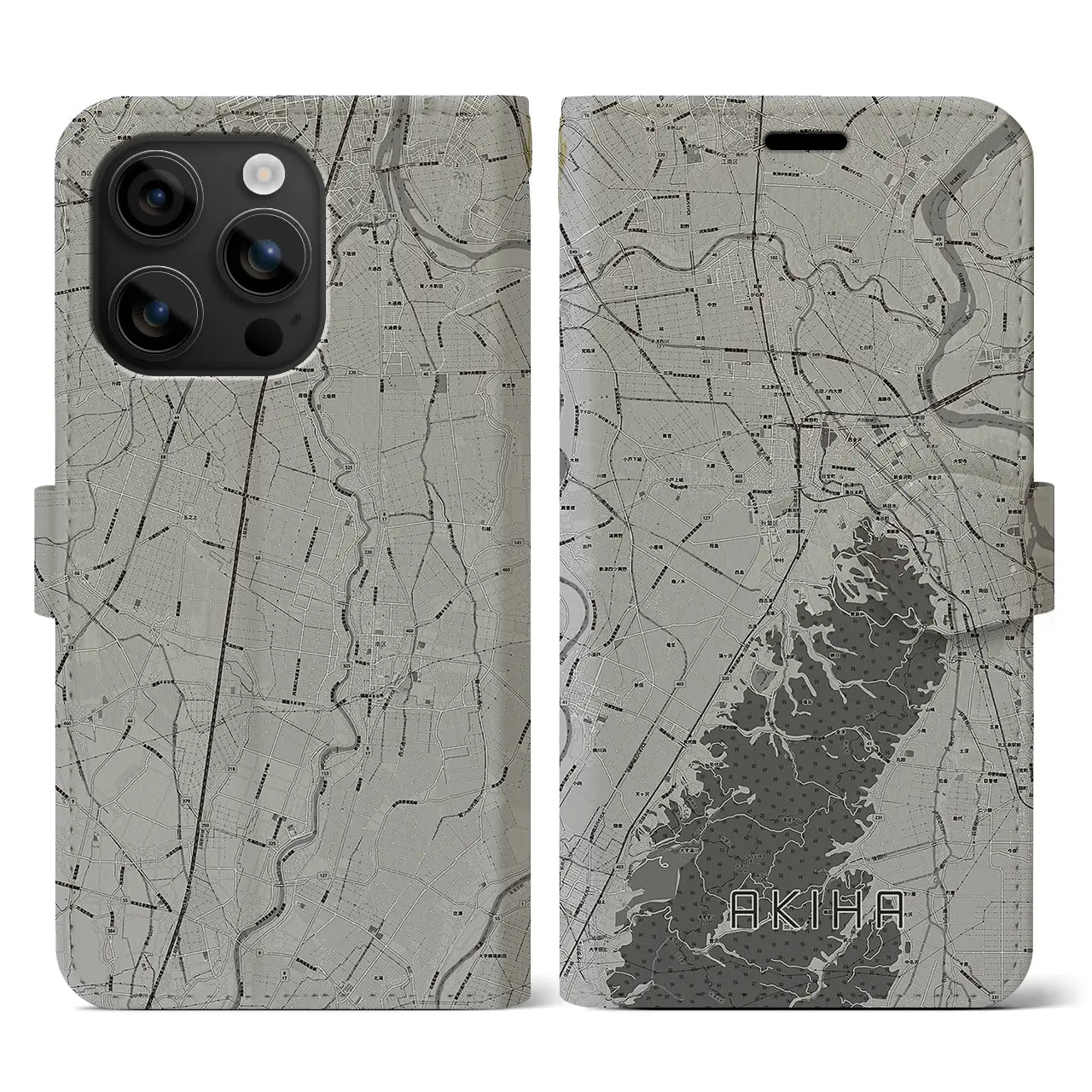 【秋葉(新潟県)】地図柄iPhoneケース(手帳タイプ)モノトーン・iPhone 16 用