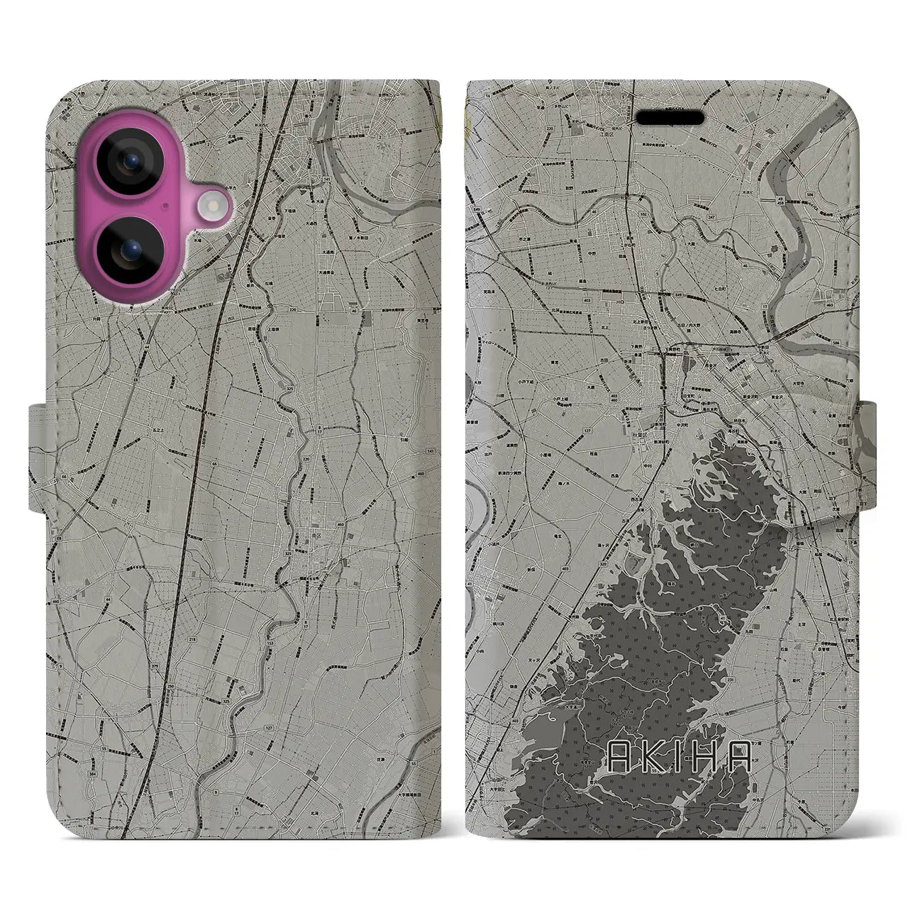 【秋葉(新潟県)】地図柄iPhoneケース(手帳タイプ)モノトーン・iPhone 16 Pro 用