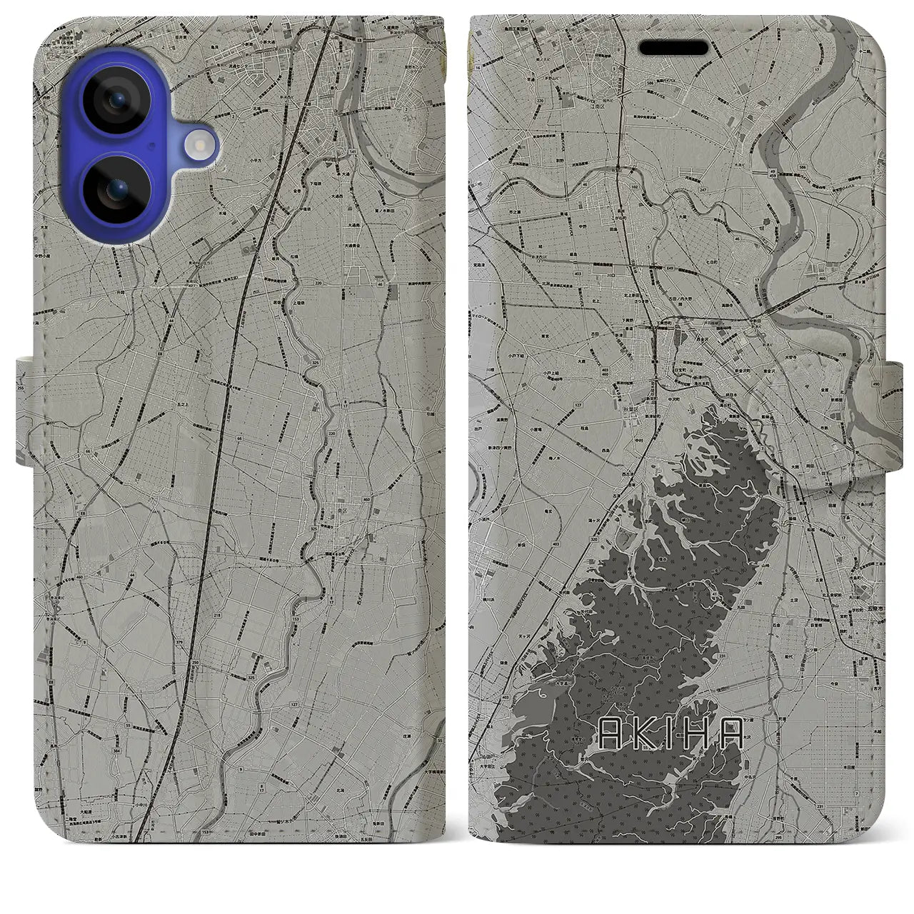 【秋葉(新潟県)】地図柄iPhoneケース(手帳タイプ)モノトーン・iPhone 16 Pro Max 用