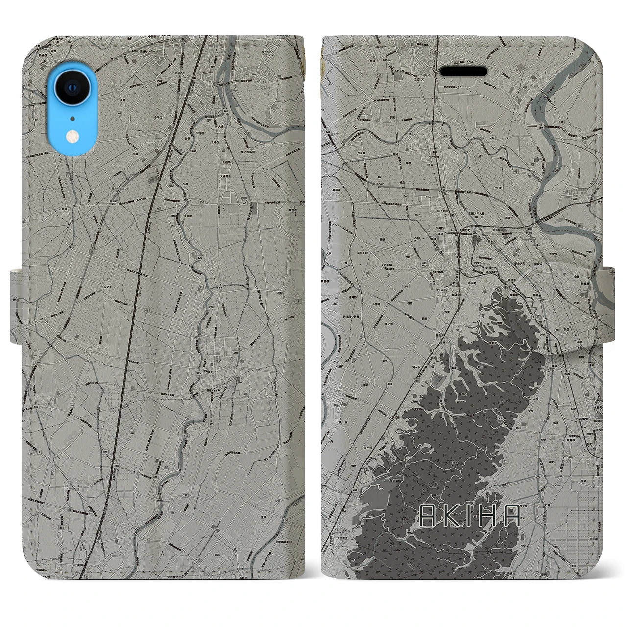 【秋葉(新潟県)】地図柄iPhoneケース(手帳タイプ)モノトーン・iPhone XR 用