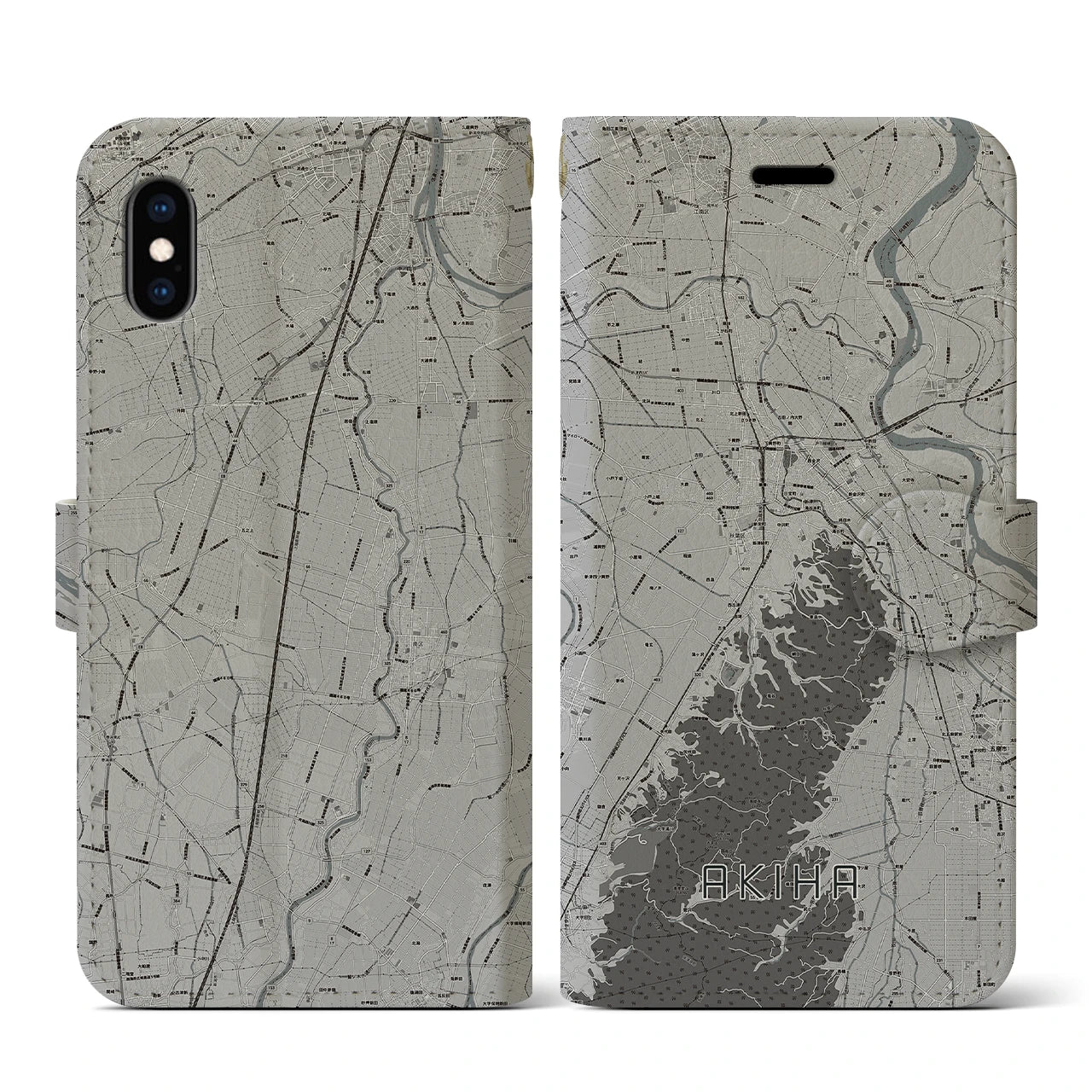 【秋葉(新潟県)】地図柄iPhoneケース(手帳タイプ)モノトーン・iPhone XS / X 用