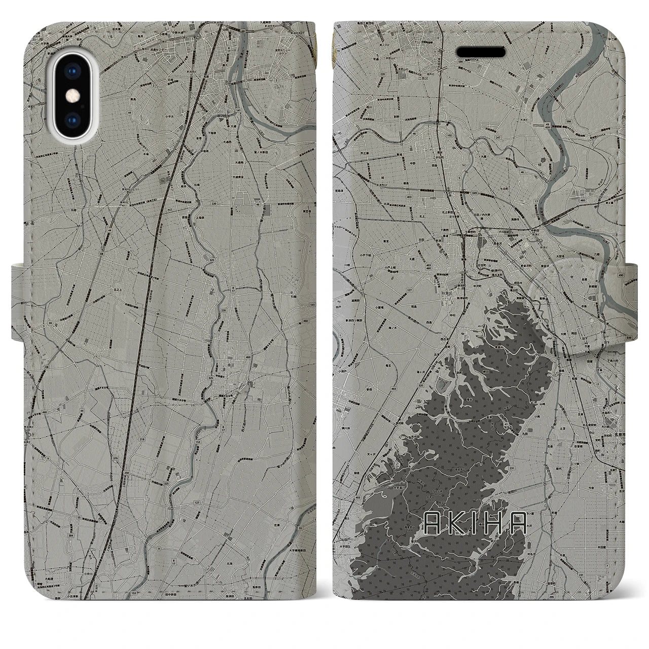 【秋葉(新潟県)】地図柄iPhoneケース(手帳タイプ)モノトーン・iPhone XS Max 用