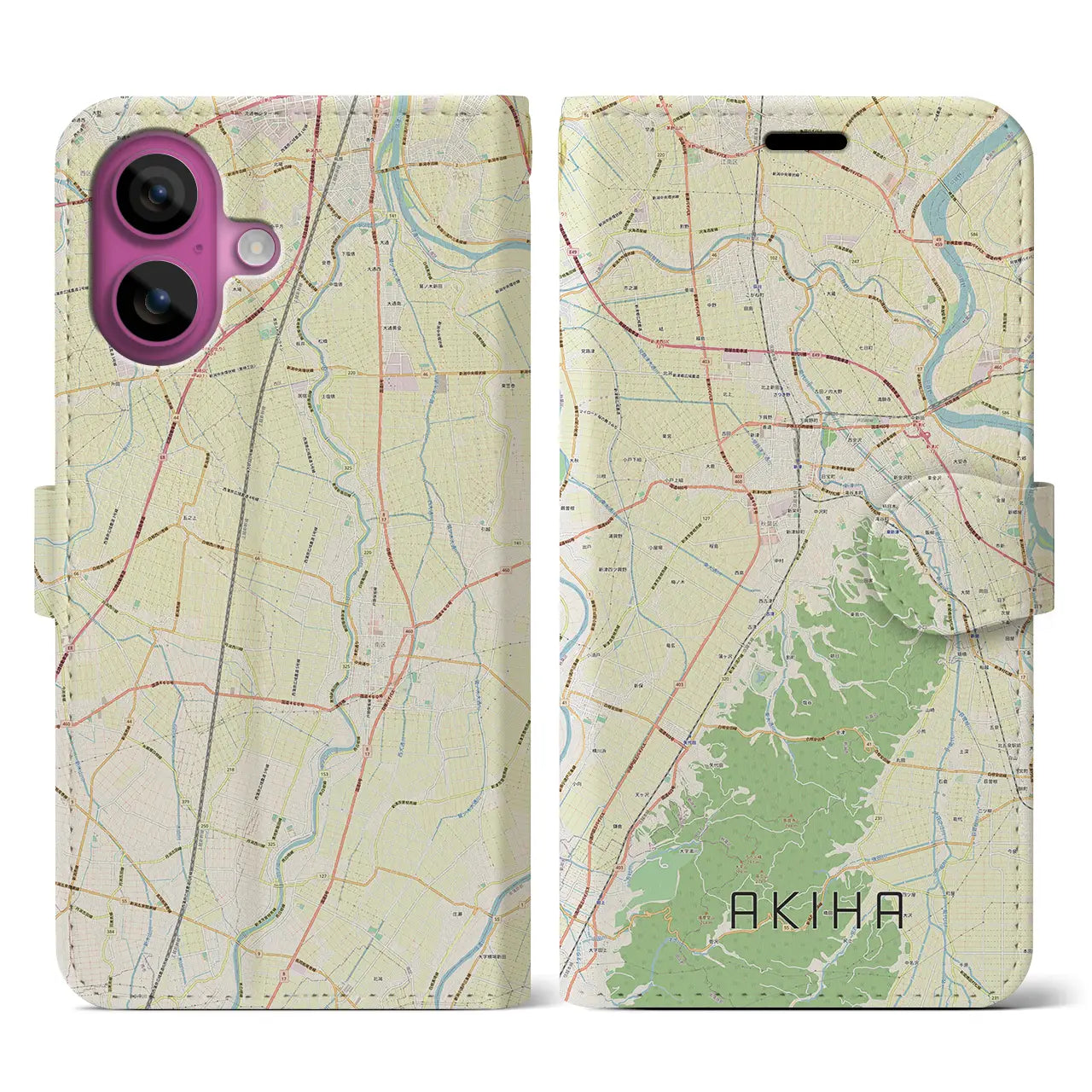 【秋葉(新潟県)】地図柄iPhoneケース(手帳タイプ)ナチュラル・iPhone 16 Pro 用