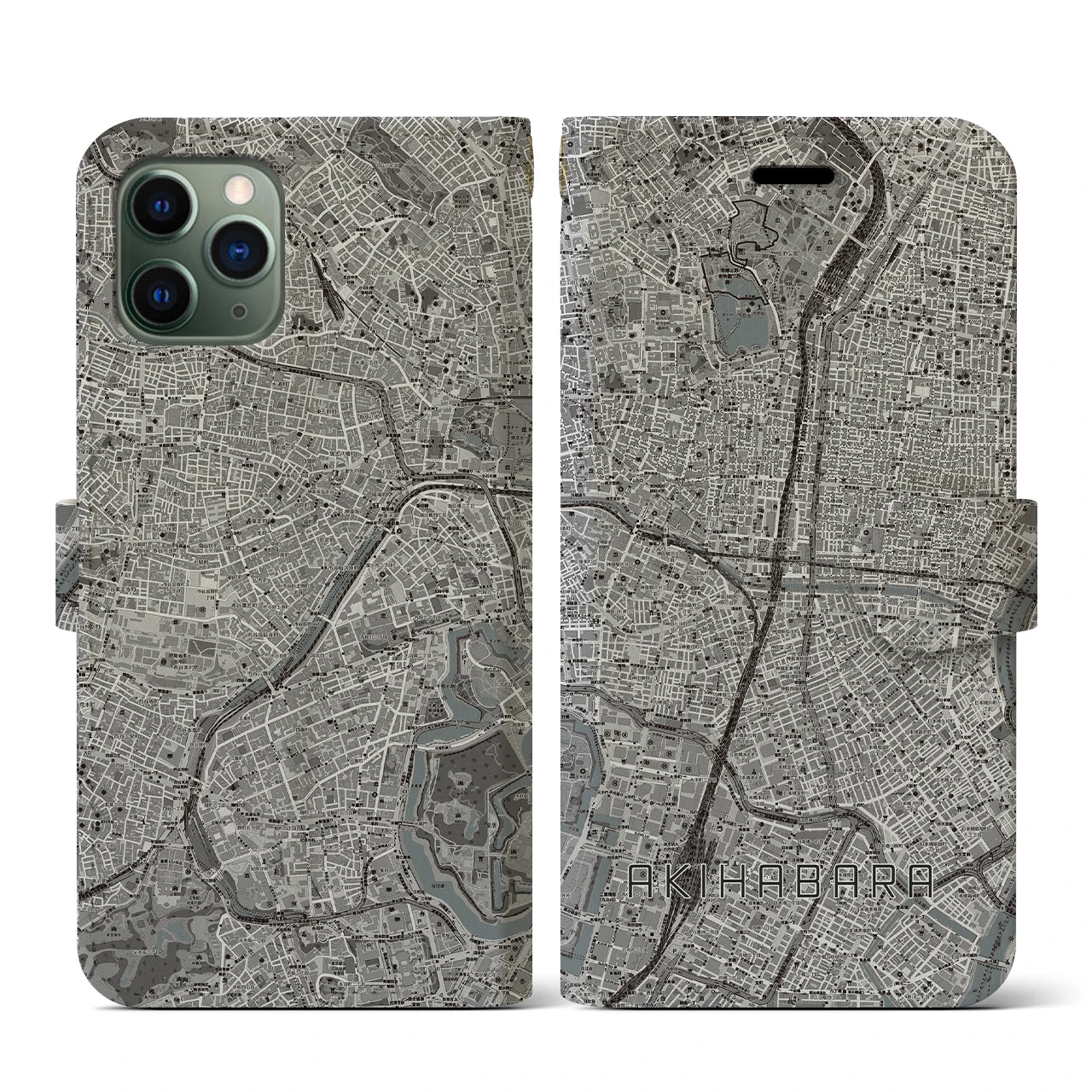 【秋葉原(東京都)】地図柄iPhoneケース(手帳タイプ)モノトーン・iPhone 11 Pro 用