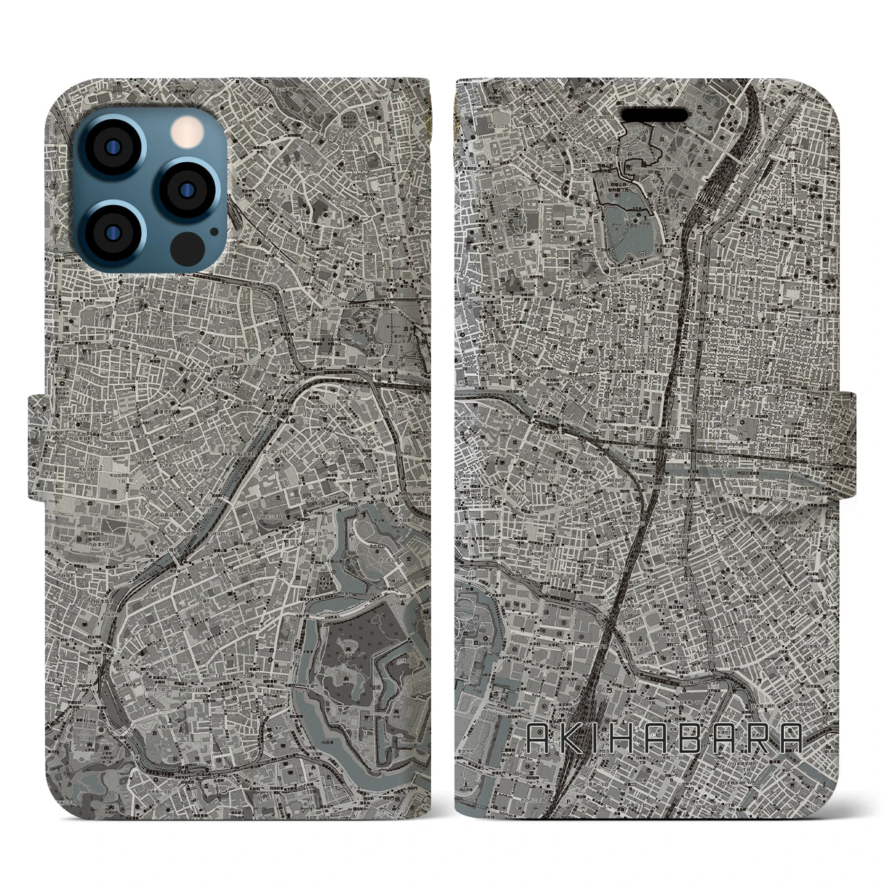 【秋葉原(東京都)】地図柄iPhoneケース(手帳タイプ)モノトーン・iPhone 12 / 12 Pro 用
