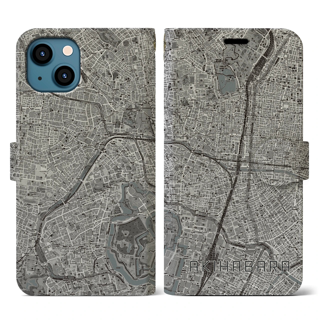 【秋葉原(東京都)】地図柄iPhoneケース(手帳タイプ)モノトーン・iPhone 13 用