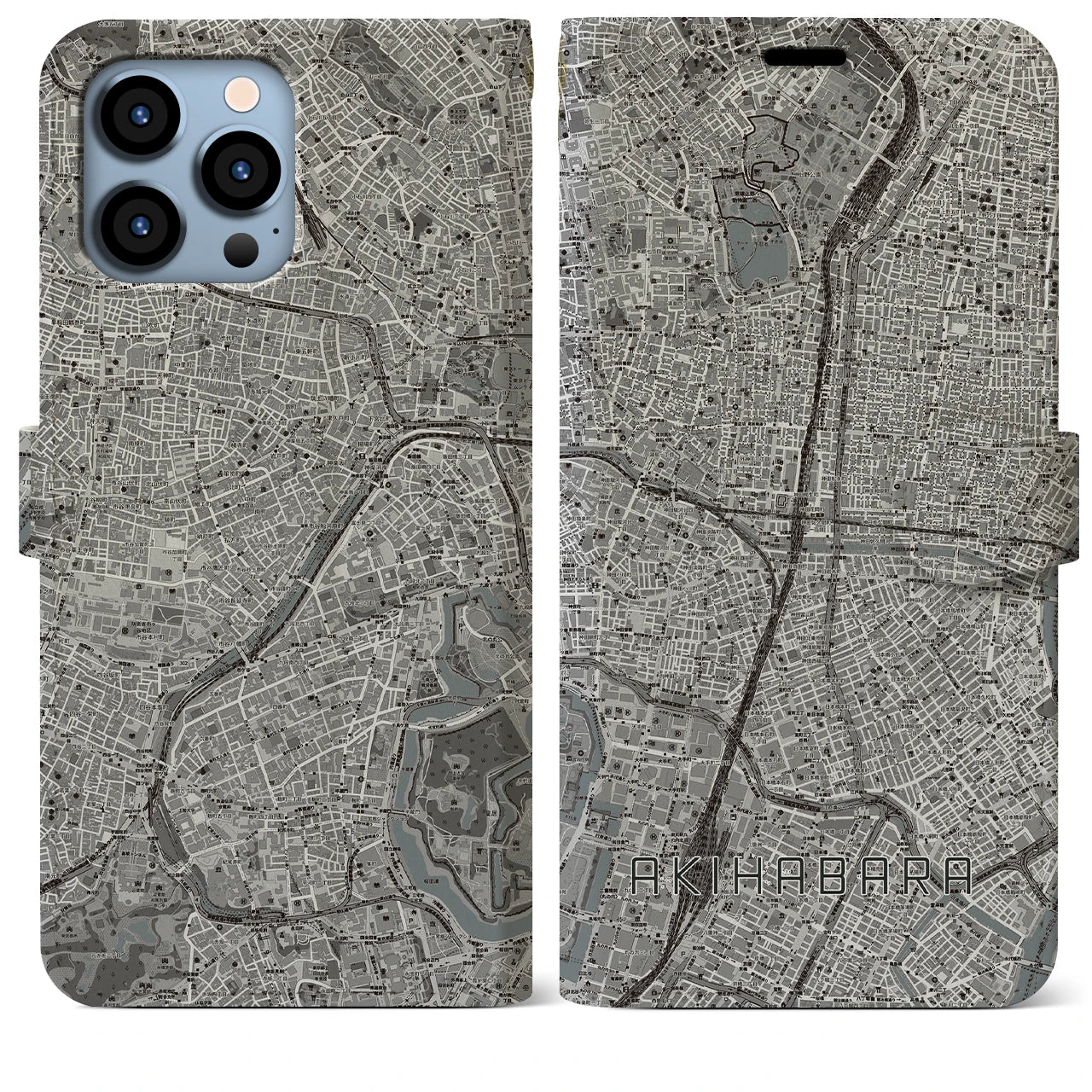 【秋葉原(東京都)】地図柄iPhoneケース(手帳タイプ)モノトーン・iPhone 13 Pro Max 用