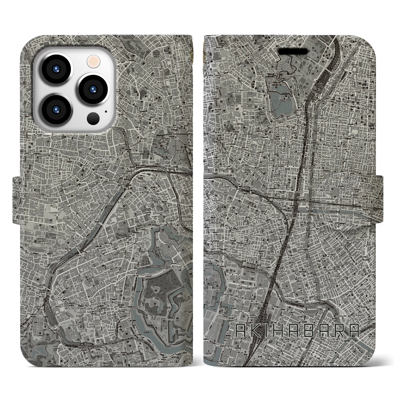 【秋葉原(東京都)】地図柄iPhoneケース(手帳タイプ)モノトーン・iPhone 13 Pro 用
