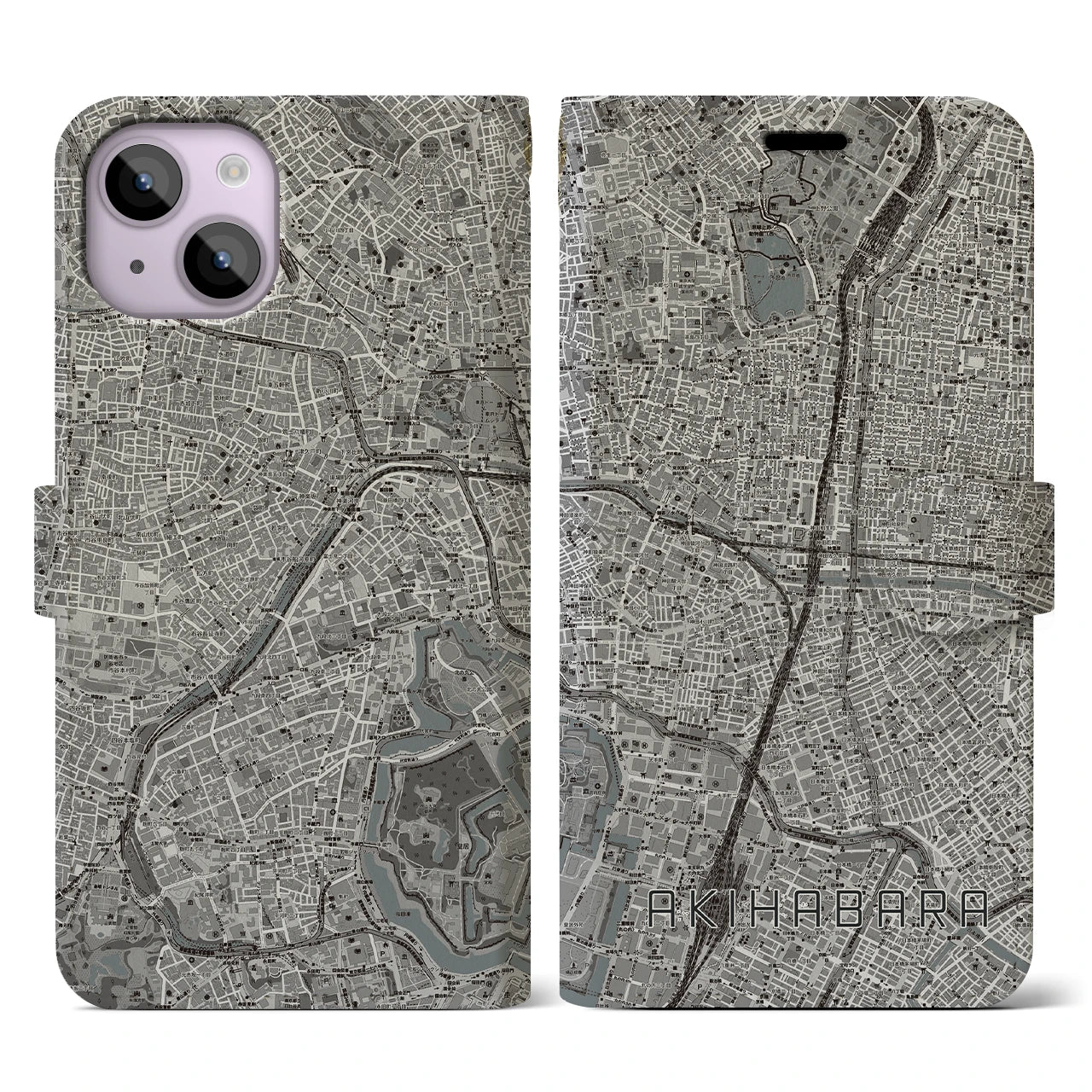 【秋葉原(東京都)】地図柄iPhoneケース(手帳タイプ)モノトーン・iPhone 14 用