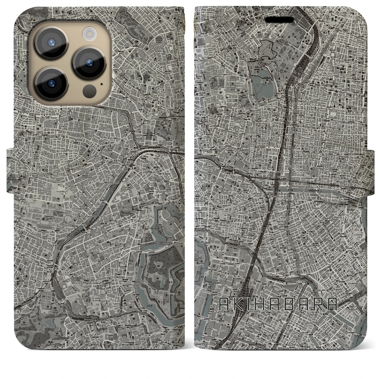 【秋葉原(東京都)】地図柄iPhoneケース(手帳タイプ)モノトーン・iPhone 14 Pro Max 用