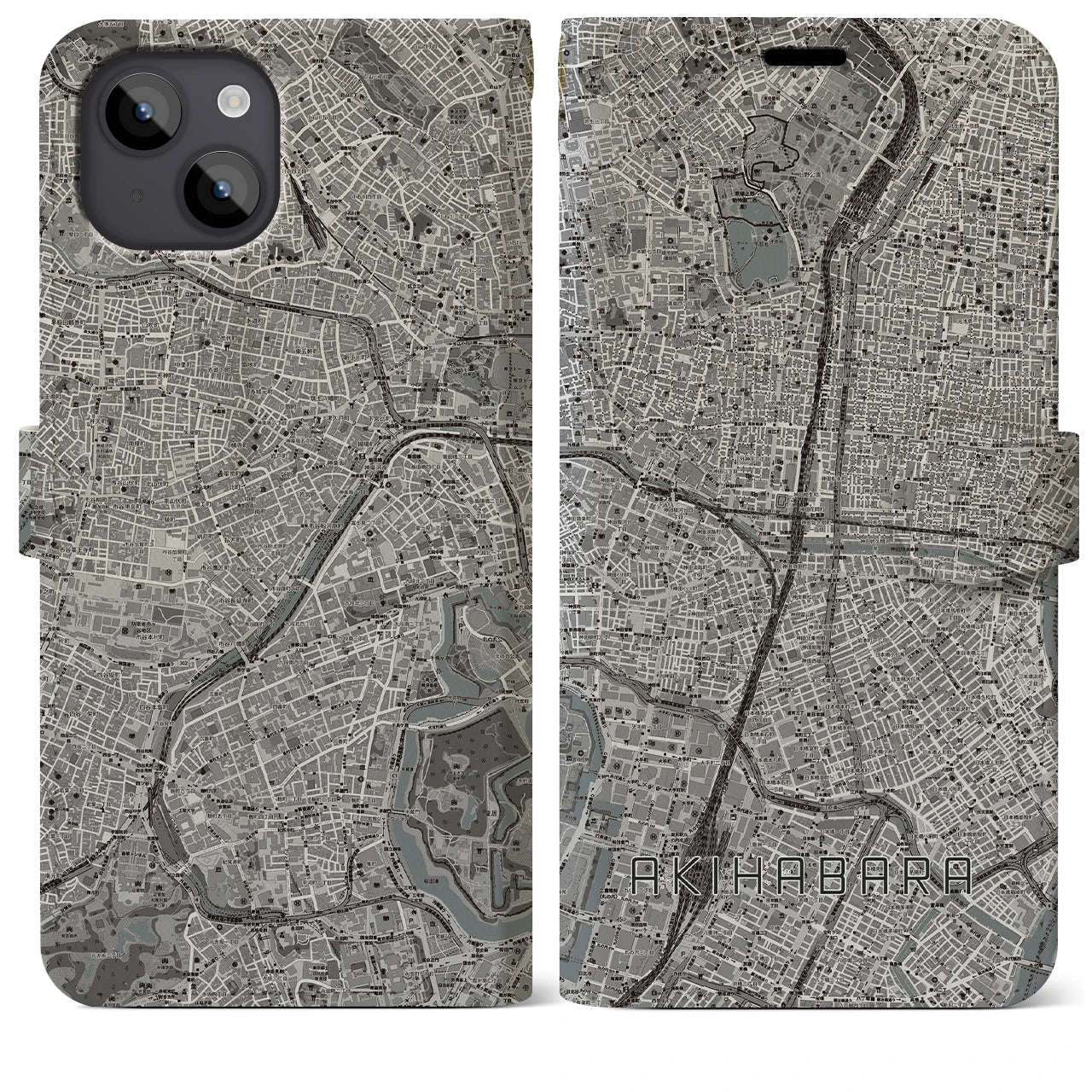 【秋葉原(東京都)】地図柄iPhoneケース(手帳タイプ)モノトーン・iPhone 14 Plus 用