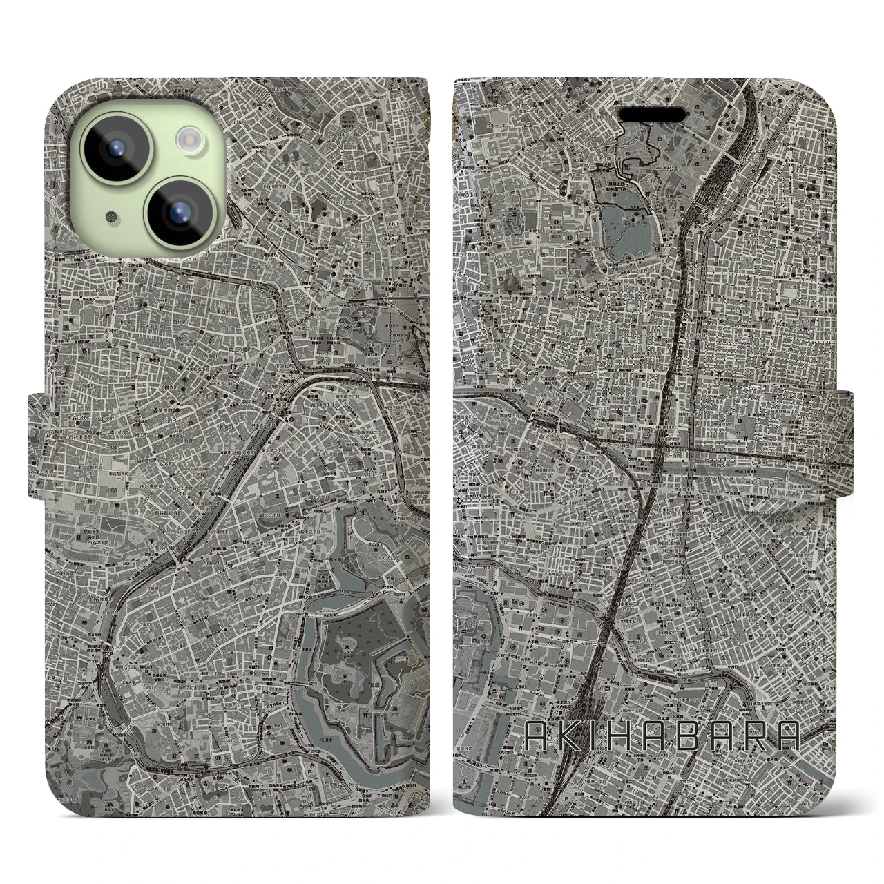 【秋葉原(東京都)】地図柄iPhoneケース(手帳タイプ)モノトーン・iPhone 15 用