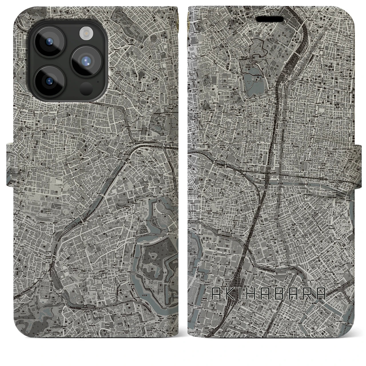 【秋葉原(東京都)】地図柄iPhoneケース(手帳タイプ)モノトーン・iPhone 15 Pro Max 用
