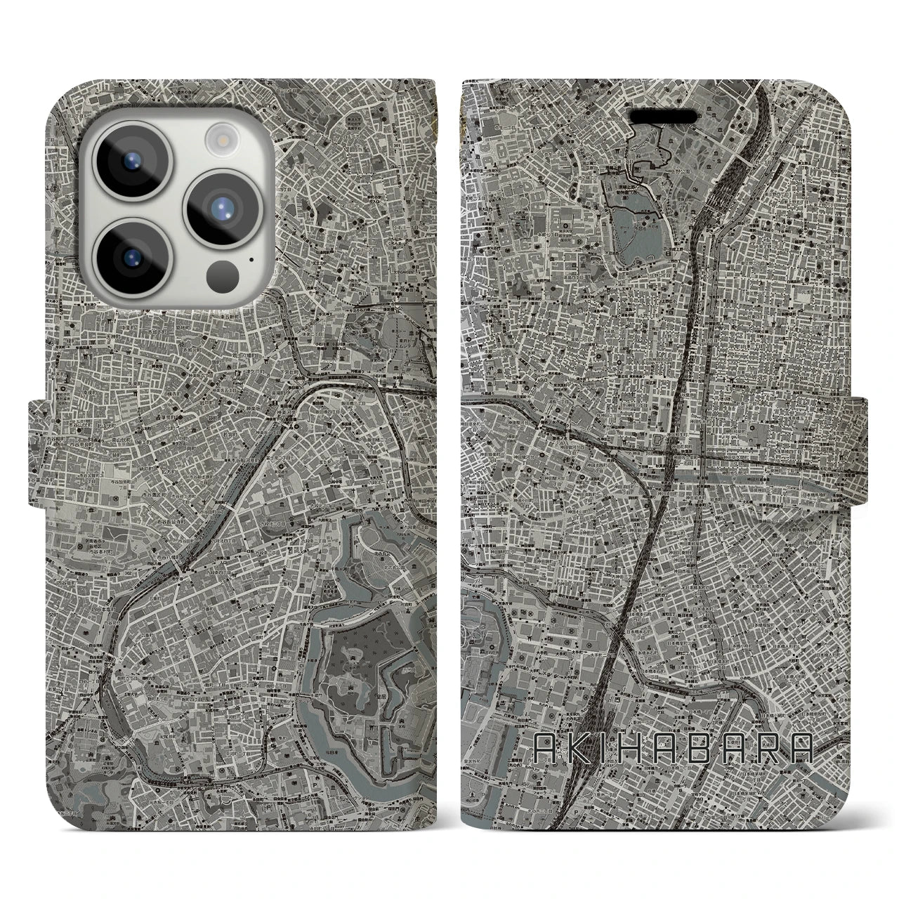 【秋葉原(東京都)】地図柄iPhoneケース(手帳タイプ)モノトーン・iPhone 15 Pro 用