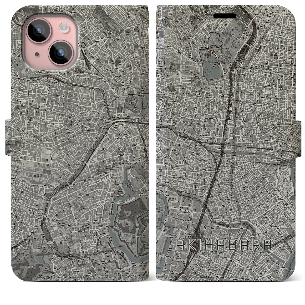【秋葉原(東京都)】地図柄iPhoneケース(手帳タイプ)モノトーン・iPhone 15 Plus 用