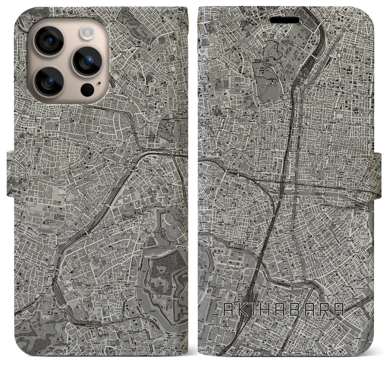 【秋葉原(東京都)】地図柄iPhoneケース(手帳タイプ)モノトーン・iPhone 16 Plus 用
