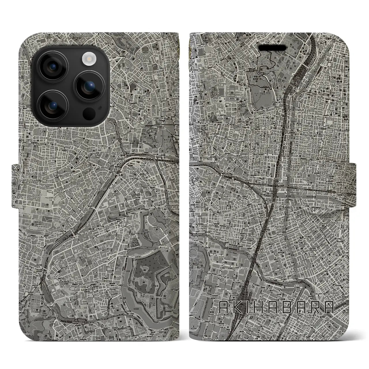 【秋葉原(東京都)】地図柄iPhoneケース(手帳タイプ)モノトーン・iPhone 16 用