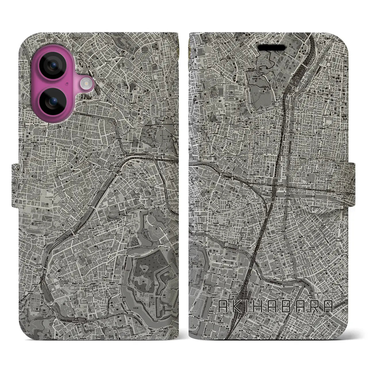 【秋葉原(東京都)】地図柄iPhoneケース(手帳タイプ)モノトーン・iPhone 16 Pro 用