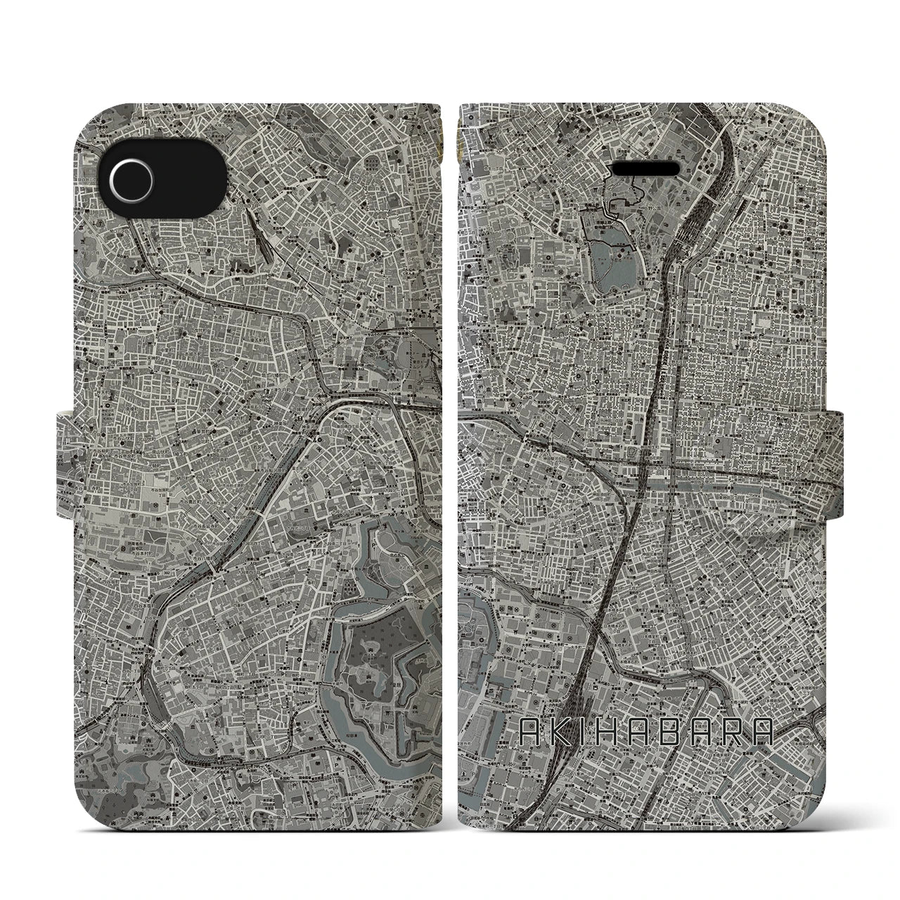 【秋葉原(東京都)】地図柄iPhoneケース(手帳タイプ)モノトーン・iPhone SE(第3 / 第2世代) / 8 / 7 / 6s / 6 用