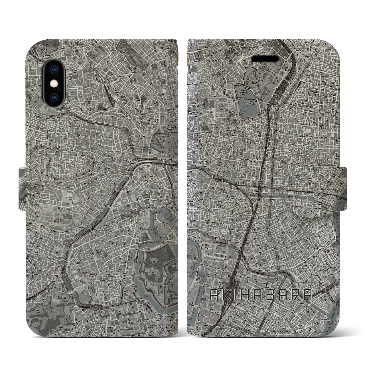 【秋葉原(東京都)】地図柄iPhoneケース(手帳タイプ)モノトーン・iPhone XS / X 用