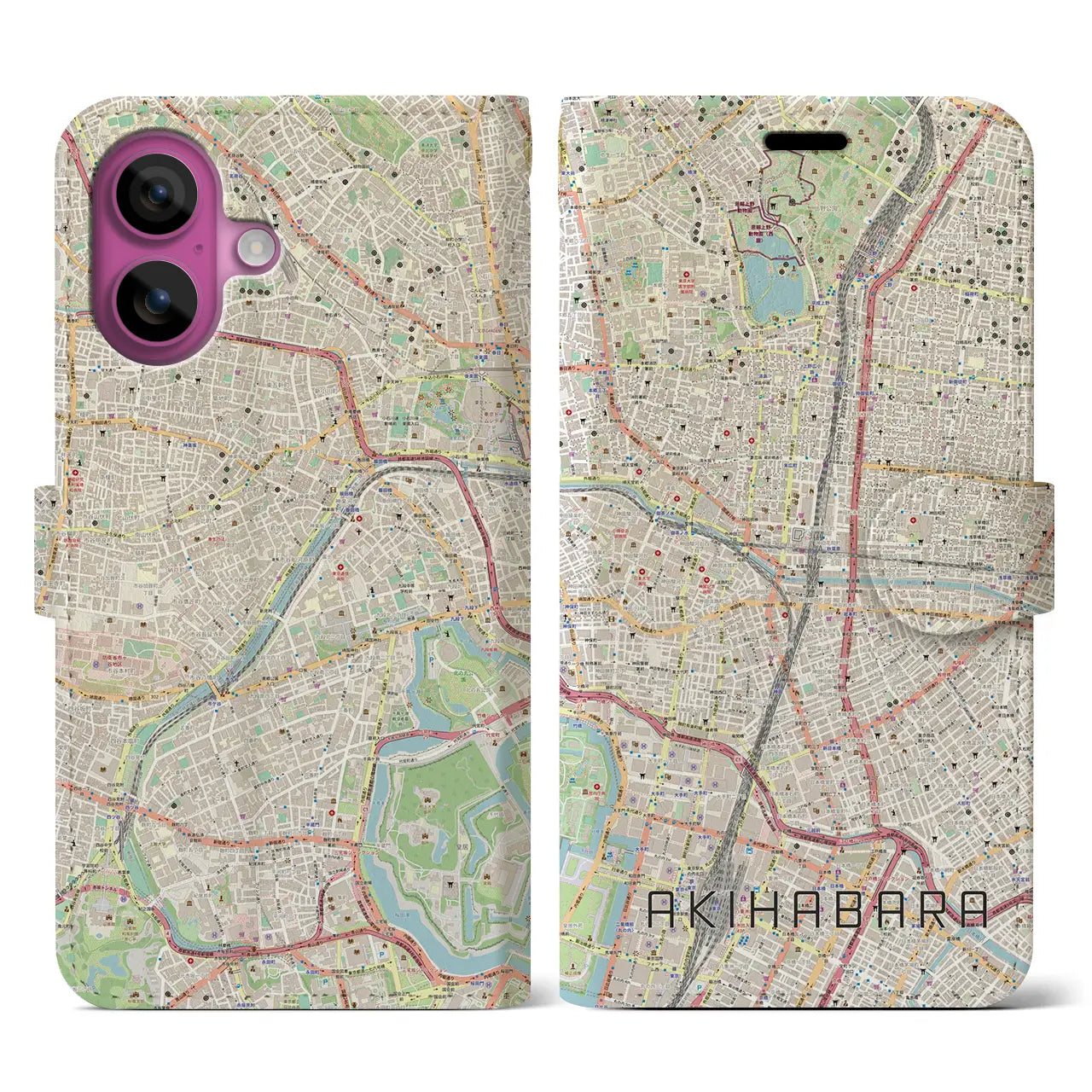 【秋葉原(東京都)】地図柄iPhoneケース(手帳タイプ)ナチュラル・iPhone 16 Pro 用