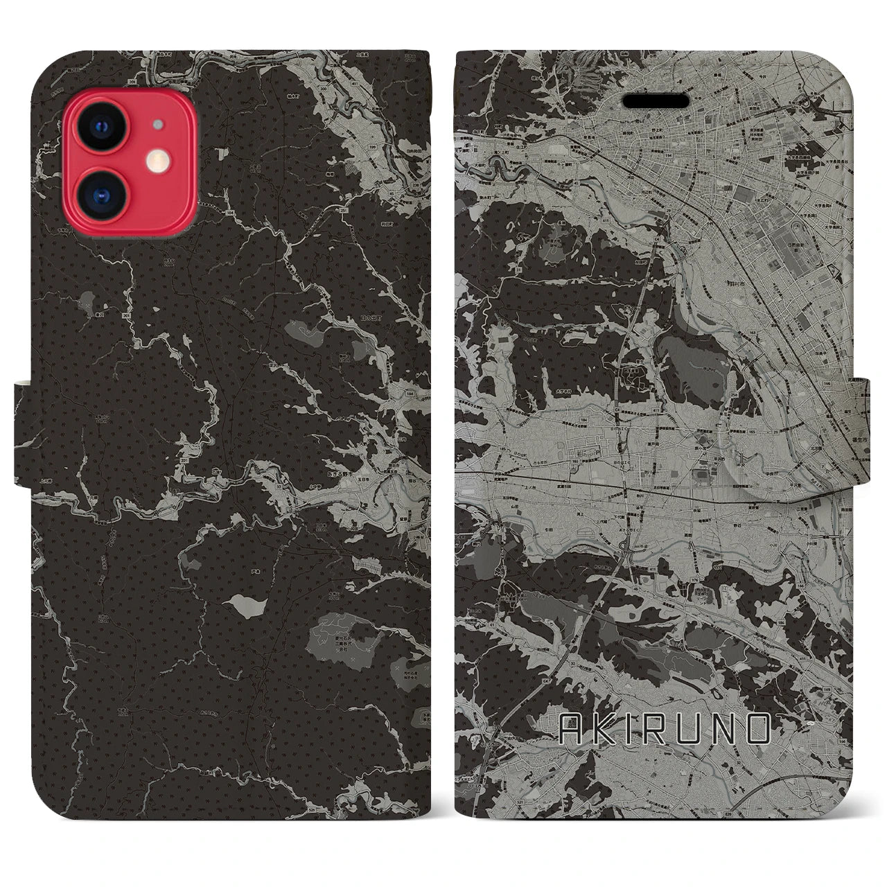 【あきる野(東京都)】地図柄iPhoneケース(手帳タイプ)モノトーン・iPhone 11 用