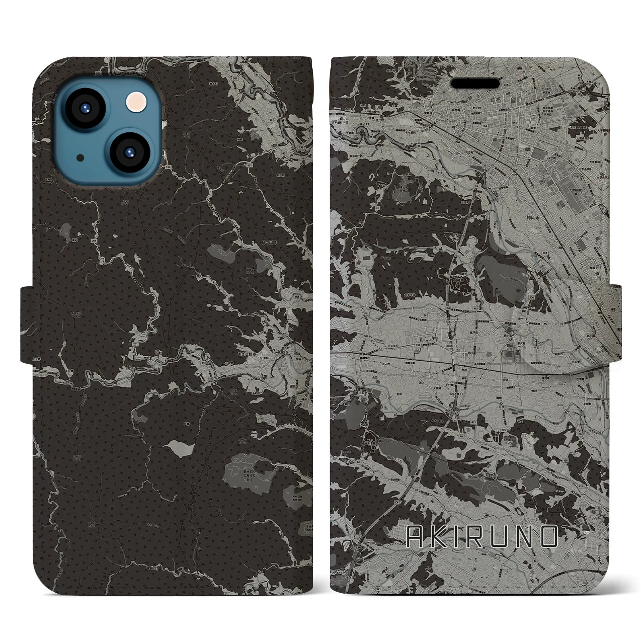 【あきる野(東京都)】地図柄iPhoneケース(手帳タイプ)モノトーン・iPhone 13 用