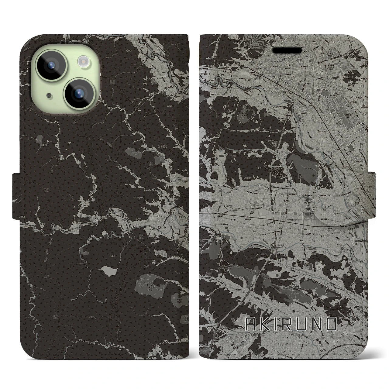 【あきる野(東京都)】地図柄iPhoneケース(手帳タイプ)モノトーン・iPhone 15 用
