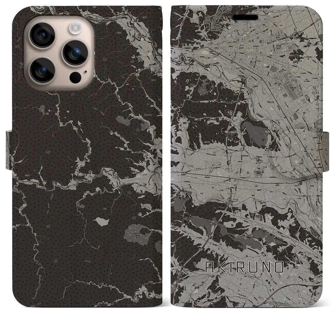 【あきる野(東京都)】地図柄iPhoneケース(手帳タイプ)モノトーン・iPhone 16 Plus 用