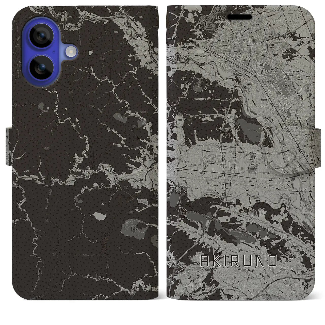 【あきる野(東京都)】地図柄iPhoneケース(手帳タイプ)モノトーン・iPhone 16 Pro Max 用