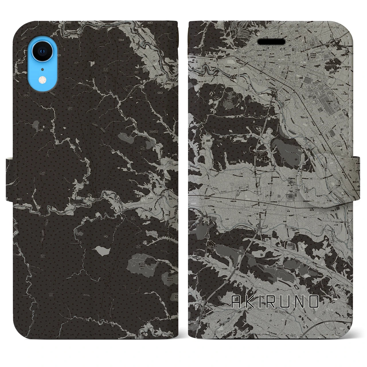 【あきる野(東京都)】地図柄iPhoneケース(手帳タイプ)モノトーン・iPhone XR 用