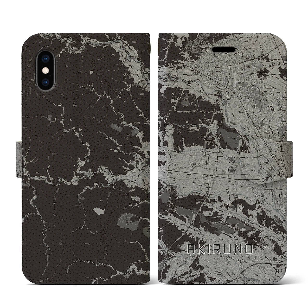 【あきる野(東京都)】地図柄iPhoneケース(手帳タイプ)モノトーン・iPhone XS / X 用