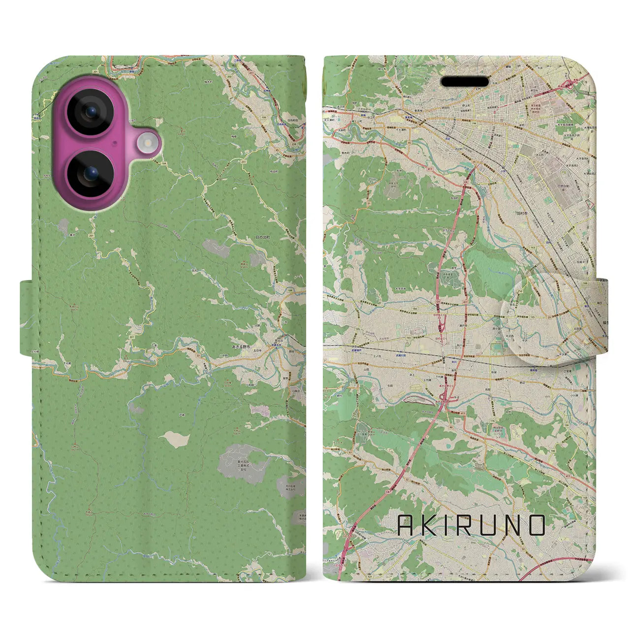 【あきる野(東京都)】地図柄iPhoneケース(手帳タイプ)ナチュラル・iPhone 16 Pro 用