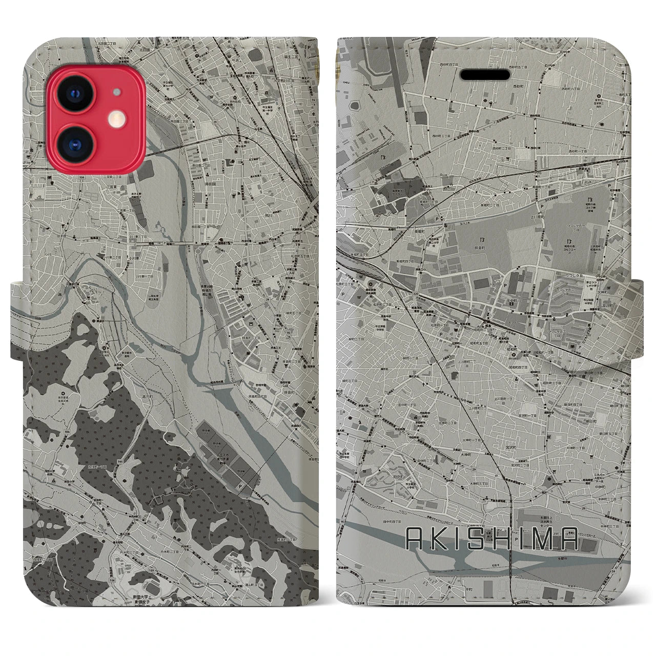 【昭島(東京都)】地図柄iPhoneケース(手帳タイプ)モノトーン・iPhone 11 用
