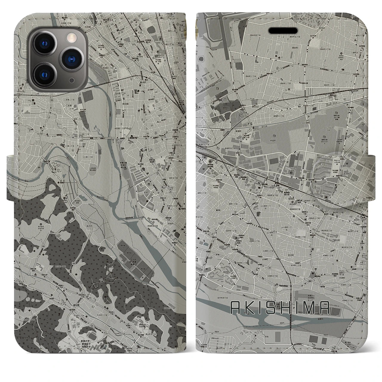 【昭島(東京都)】地図柄iPhoneケース(手帳タイプ)モノトーン・iPhone 11 Pro Max 用