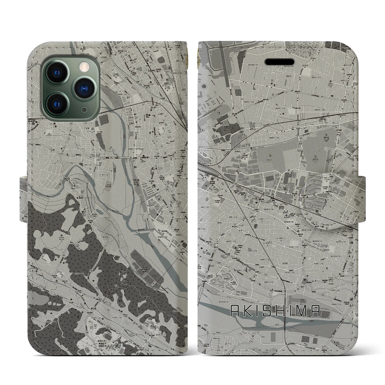 【昭島(東京都)】地図柄iPhoneケース(手帳タイプ)モノトーン・iPhone 11 Pro 用