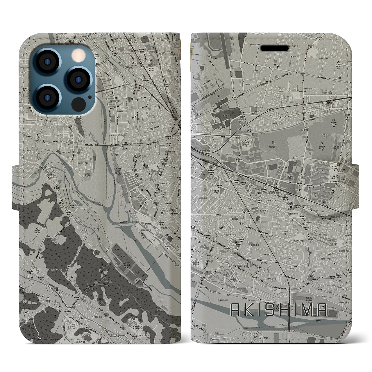 【昭島(東京都)】地図柄iPhoneケース(手帳タイプ)モノトーン・iPhone 12 / 12 Pro 用