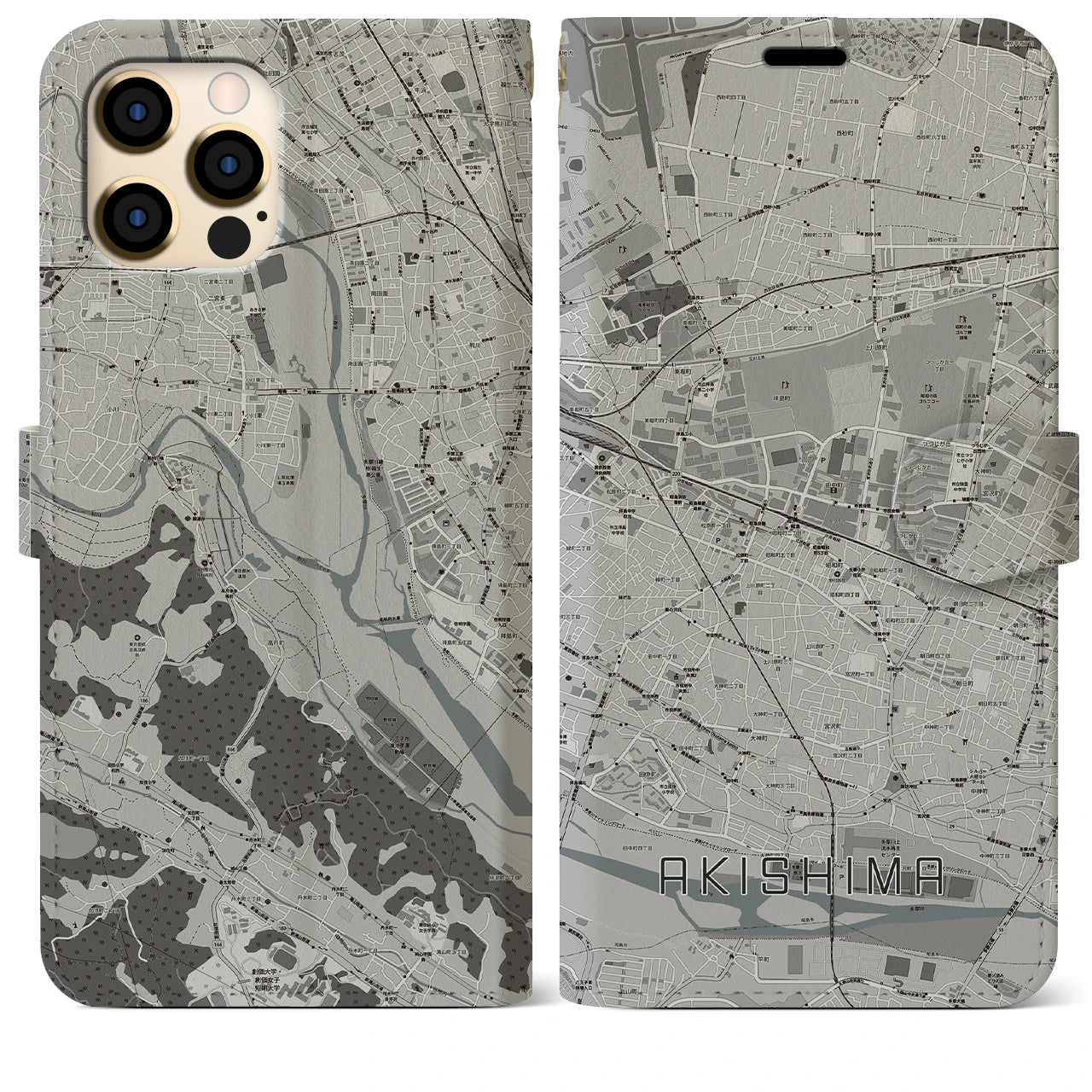 【昭島(東京都)】地図柄iPhoneケース(手帳タイプ)モノトーン・iPhone 12 Pro Max 用