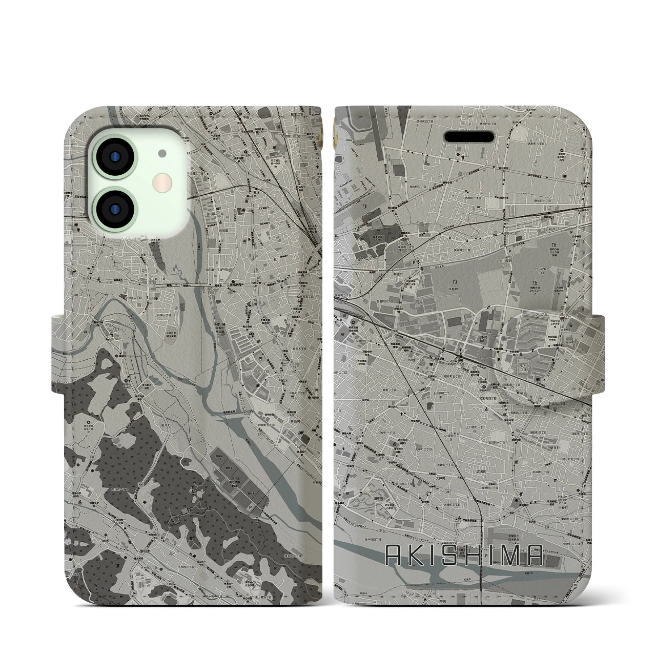 【昭島(東京都)】地図柄iPhoneケース(手帳タイプ)モノトーン・iPhone 12 mini 用
