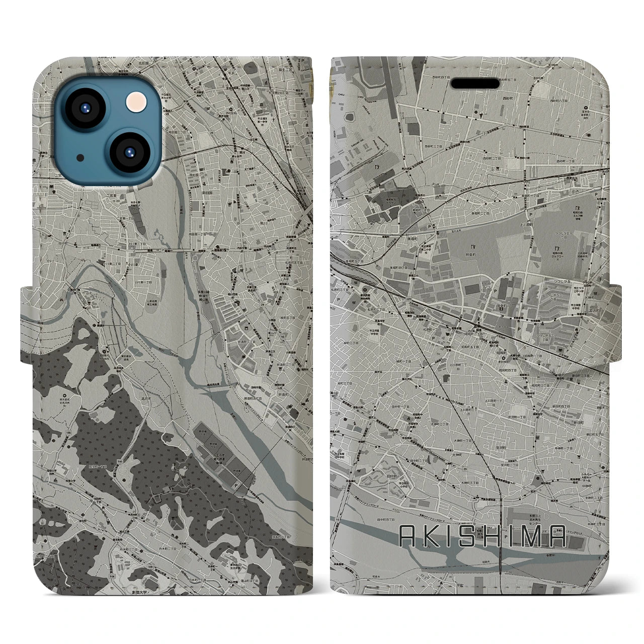 【昭島(東京都)】地図柄iPhoneケース(手帳タイプ)モノトーン・iPhone 13 用