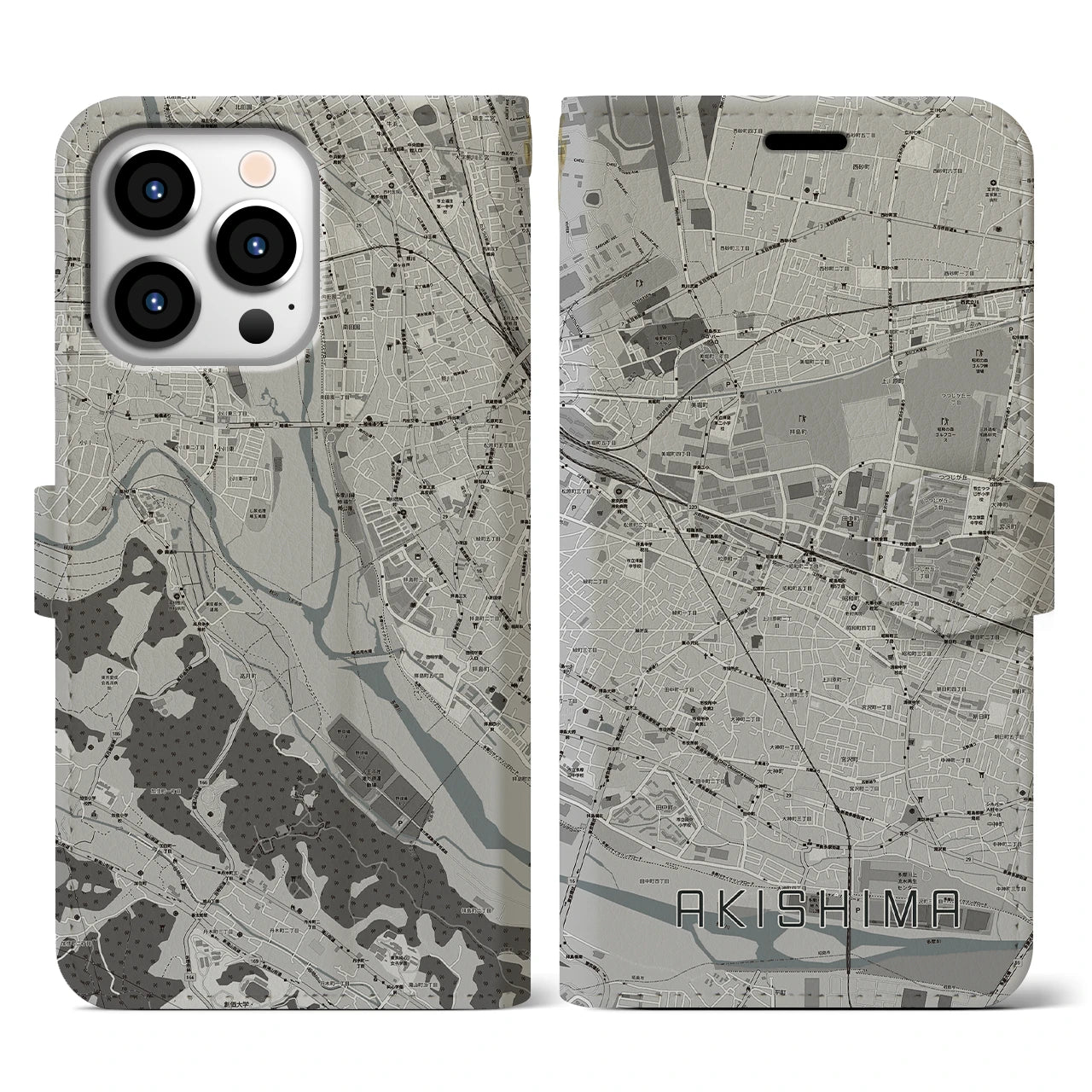 【昭島(東京都)】地図柄iPhoneケース(手帳タイプ)モノトーン・iPhone 13 Pro 用