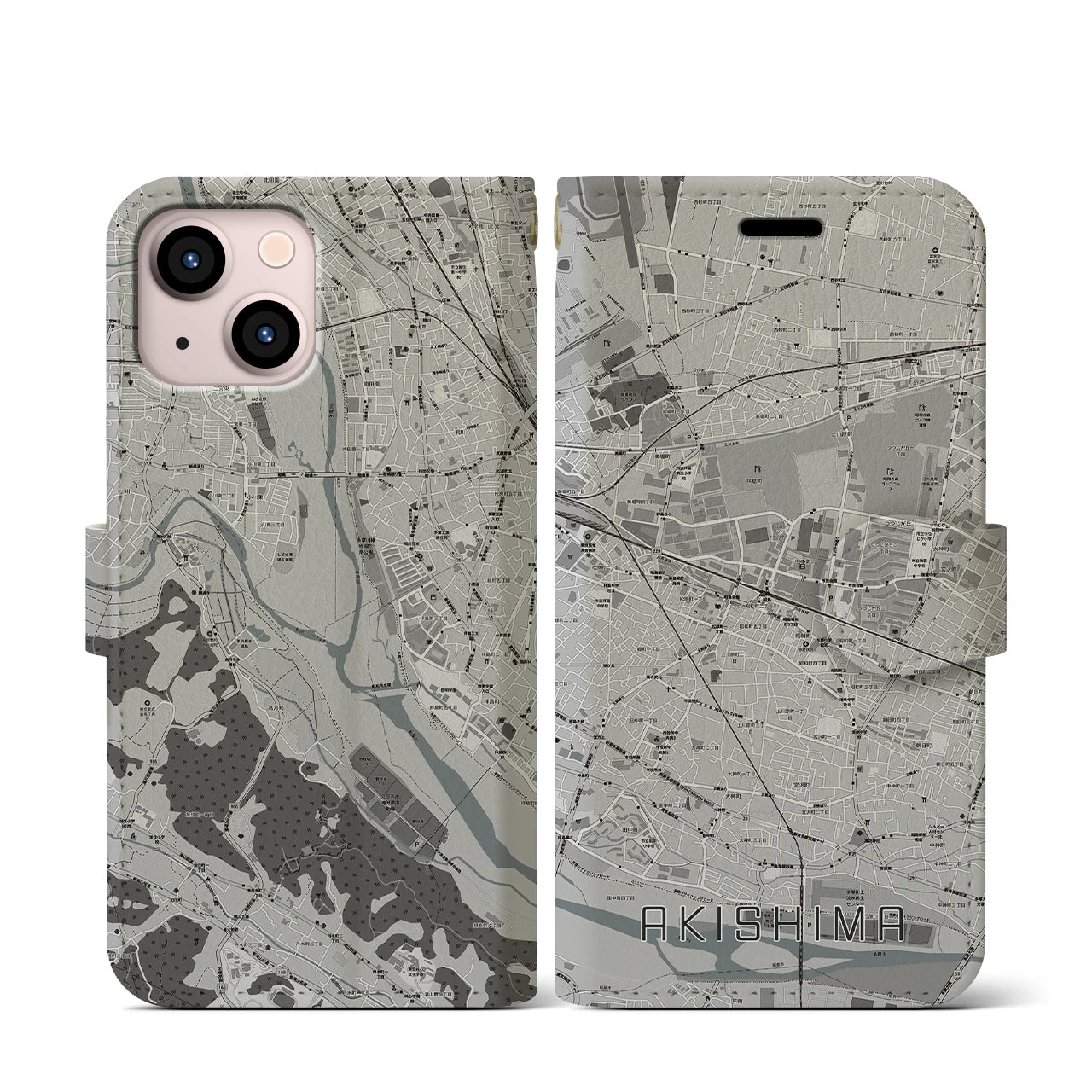 【昭島(東京都)】地図柄iPhoneケース(手帳タイプ)モノトーン・iPhone 13 mini 用
