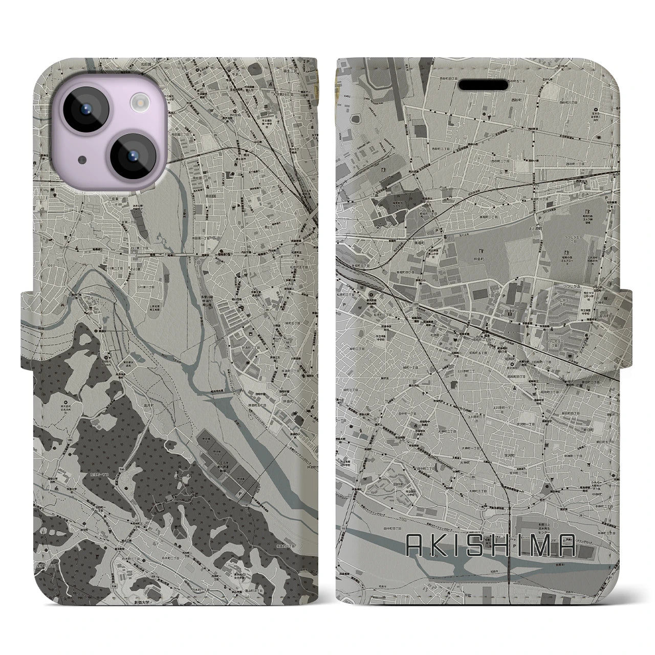 【昭島(東京都)】地図柄iPhoneケース(手帳タイプ)モノトーン・iPhone 14 用
