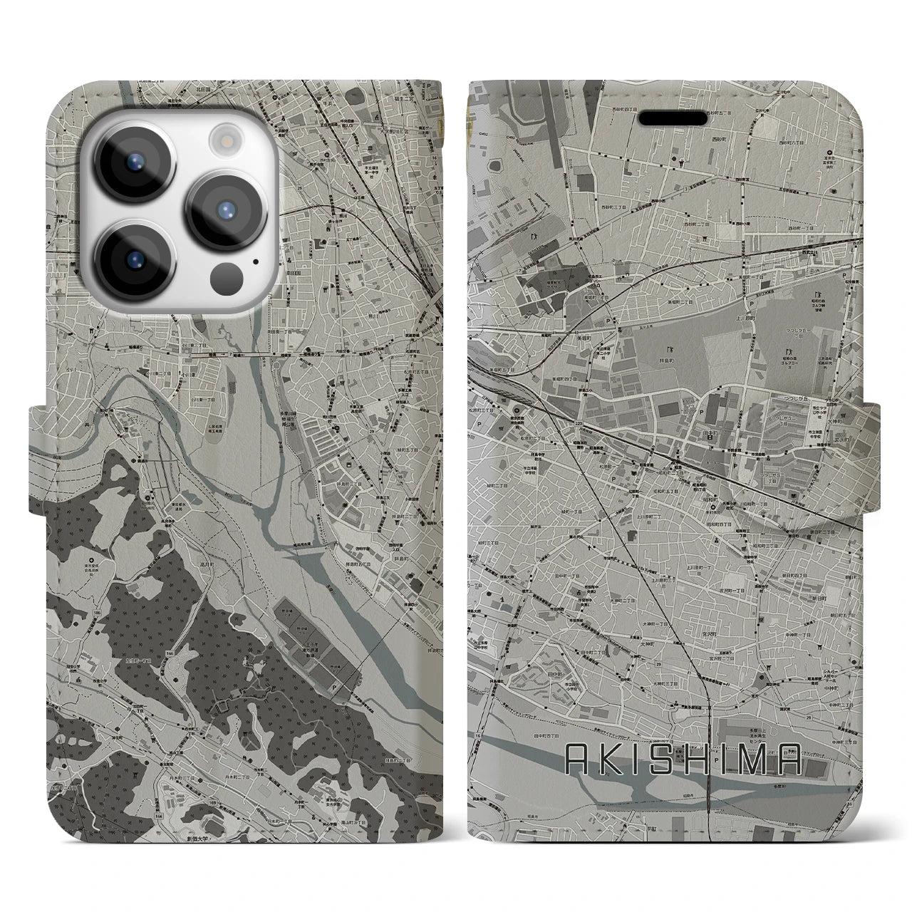 【昭島(東京都)】地図柄iPhoneケース(手帳タイプ)モノトーン・iPhone 14 Pro 用