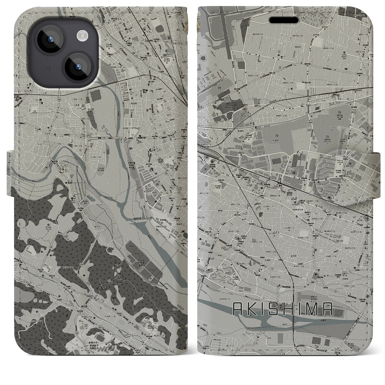 【昭島(東京都)】地図柄iPhoneケース(手帳タイプ)モノトーン・iPhone 14 Plus 用