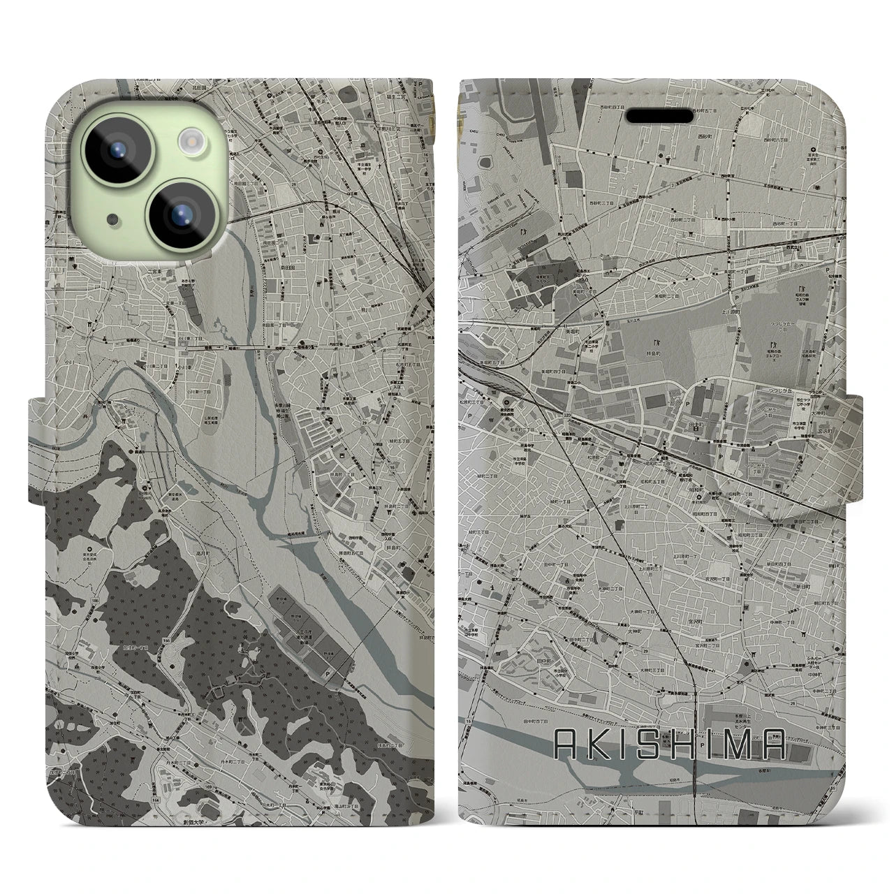 【昭島(東京都)】地図柄iPhoneケース(手帳タイプ)モノトーン・iPhone 15 用