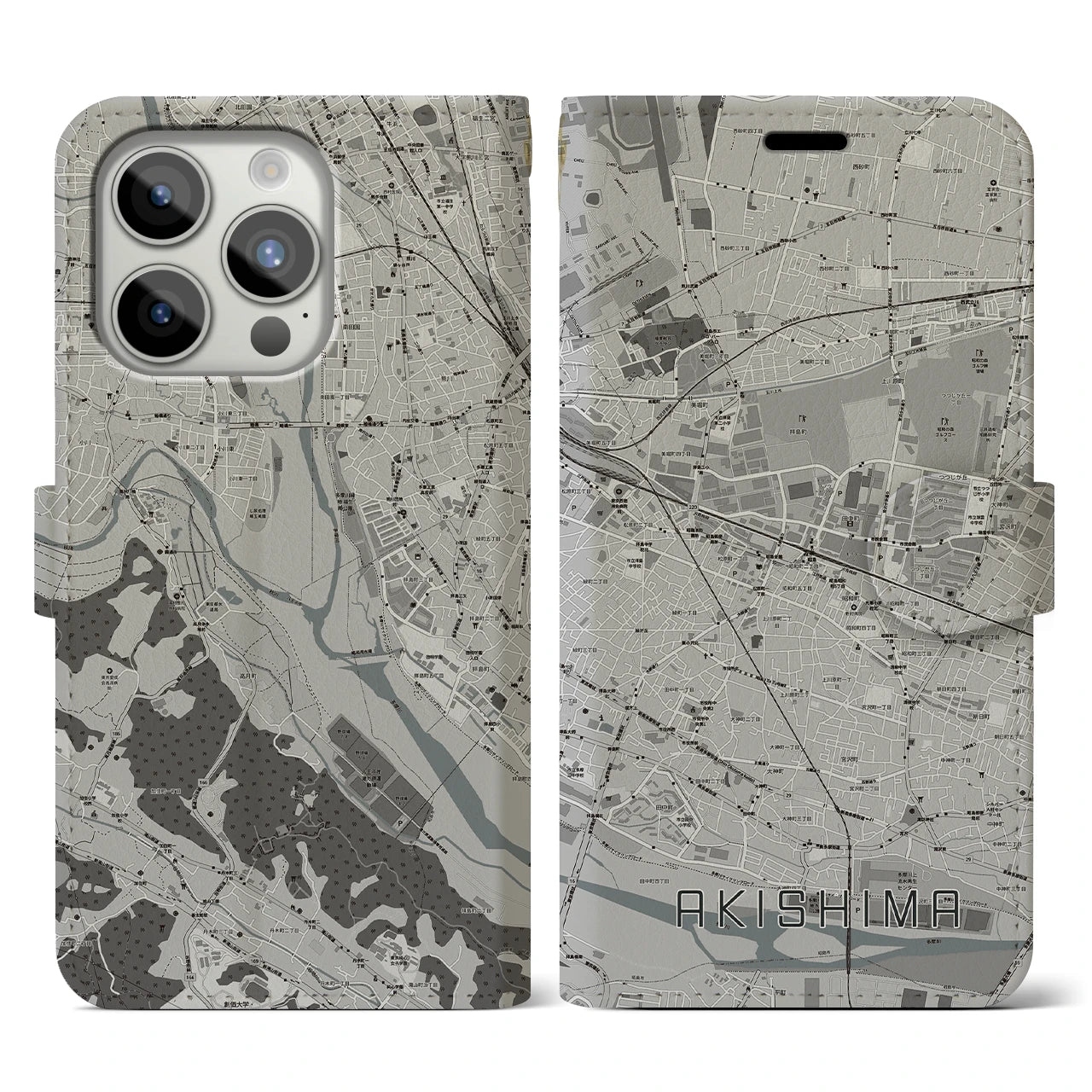 【昭島(東京都)】地図柄iPhoneケース(手帳タイプ)モノトーン・iPhone 15 Pro 用